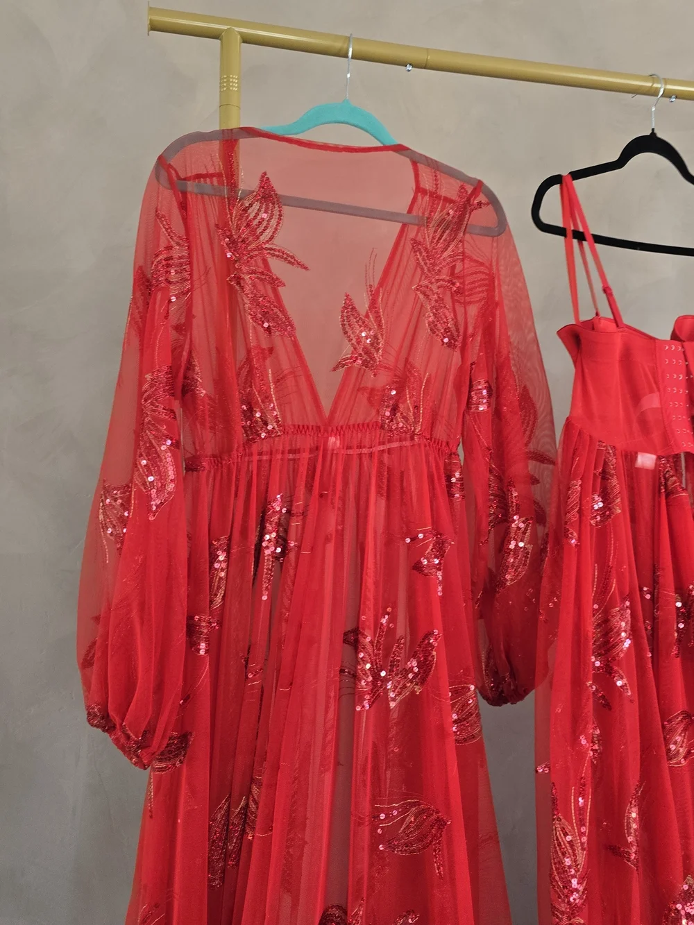 Red Floral Sheer Maxi Dress with Corset Bodice - Picture 9 of 13